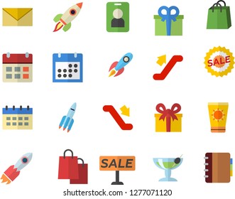 Color flat icon set rocket flat vector, bags, present, sell out, calendar, escalator fector, sun protection cream, cocktail, pass, envelope, notebook