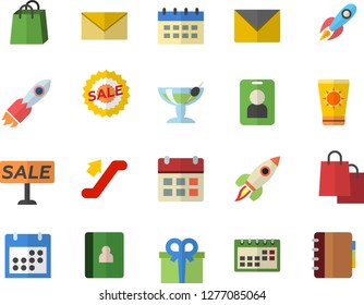 Color flat icon set rocket flat vector, bags, present, sell out, calendar, escalator vector, sun protection cream, cocktail, pass, envelope, notebook