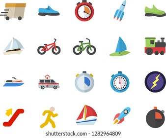 Color flat icon set rocket flat vector, express delivery, sailboat, ambulance, lightning, sneakers, bicycle, stopwatch, run, train fector, escalator, water scooter, windsurfing