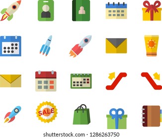 Color flat icon set rocket flat vector, bags, present, sell out, calendar, escalator fector, sun protection cream, pass, envelope, notebook