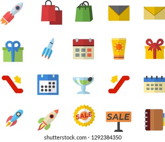 Color flat icon set rocket flat vector, bags, present, sell out, calendar, escalator fector, sun protection cream, cocktail, envelope, notebook