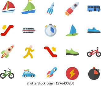 Color flat icon set rocket flat vector, sailboat, lightning, sneakers, bicycle, run, train fector, car, bus, escalator, windsurfing, stopwatch