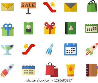 Color flat icon set rocket flat vector, bags, present, sell out, calendar, escalator fector, sun protection cream, cocktail, pass, envelope, notebook