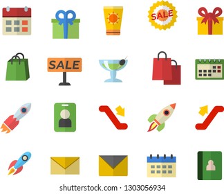 Color flat icon set rocket flat vector, bags, present, sell out, calendar, escalator fector, sun protection cream, cocktail, pass, envelope, notebook