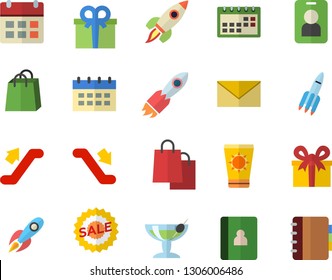 Color flat icon set rocket flat vector, bags, present, sell out, calendar, escalator fector, sun protection cream, cocktail, pass, envelope, notebook