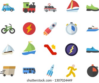 Color flat icon set rocket flat vector, express delivery, sailboat, ambulance, lightning, sneakers, bicycle, run, train fector, car, bus, escalator, water scooter, stopwatch