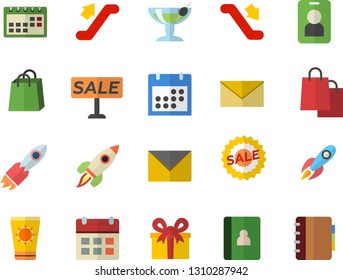 Color flat icon set rocket flat vector, bags, present, sell out, calendar, escalator fector, sun protection cream, cocktail, pass, envelope, notebook