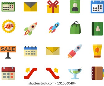 Color flat icon set rocket flat vector, bags, present, sell out, calendar, escalator fector, sun protection cream, cocktail, pass, envelope, notebook