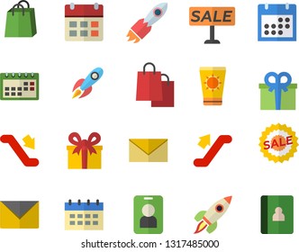 Color flat icon set rocket flat vector, bags, present, sell out, calendar, escalator fector, sun protection cream, pass, envelope, notebook