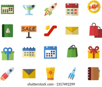 Color flat icon set rocket flat vector, bags, present, sell out, calendar, escalator fector, sun protection cream, cocktail, envelope, notebook