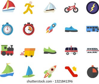 Color flat icon set rocket flat vector, express delivery, sailboat, ambulance, lightning, sneakers, bicycle, stopwatch, run, train fector, bus, escalator, windsurfing