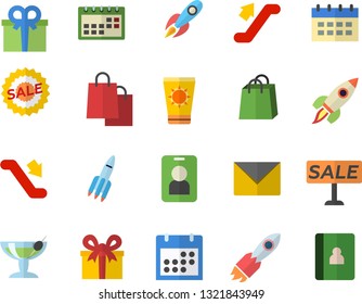 Color flat icon set rocket flat vector, bags, present, sell out, calendar, escalator fector, sun protection cream, cocktail, pass, envelope, notebook