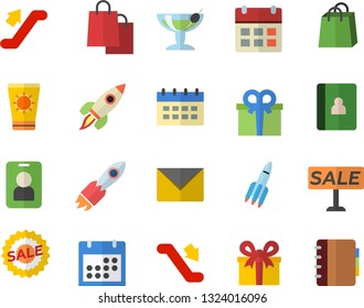 Color flat icon set rocket flat vector, bags, present, sell out, calendar, escalator fector, sun protection cream, cocktail, pass, envelope, notebook
