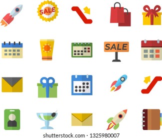 Color flat icon set rocket flat vector, bags, present, sell out, calendar, escalator fector, sun protection cream, cocktail, pass, envelope, notebook