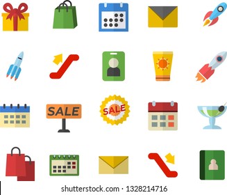 Color flat icon set rocket flat vector, bags, present, sell out, calendar, escalator fector, sun protection cream, cocktail, pass, envelope, notebook