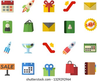 Color flat icon set rocket flat vector, bags, present, sell out, calendar, escalator fector, cocktail, pass, envelope, notebook
