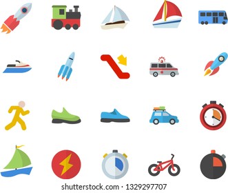 Color flat icon set rocket flat vector, sailboat, ambulance, lightning, sneakers, bicycle, stopwatch, run, train fector, car, bus, escalator, water scooter