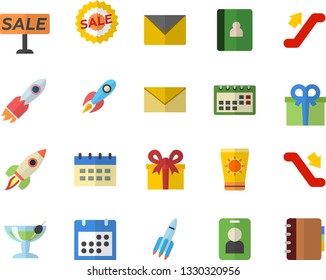Color flat icon set rocket flat vector, present, sell out, calendar, escalator fector, sun protection cream, cocktail, pass, envelope, notebook