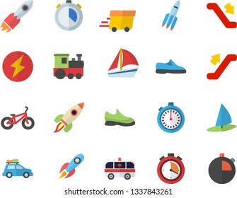 Color flat icon set rocket flat vector, express delivery, sailboat, ambulance, lightning, sneakers, bicycle, stopwatch, train fector, car, escalator, windsurfing