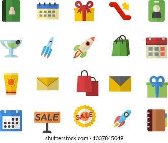 Color flat icon set rocket flat vector, bags, present, sell out, calendar, escalator fector, sun protection cream, cocktail, pass, envelope, notebook