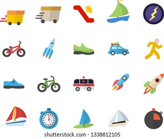 Color flat icon set rocket flat vector, express delivery, sailboat, ambulance, lightning, sneakers, bicycle, stopwatch, run, car fector, escalator, windsurfing