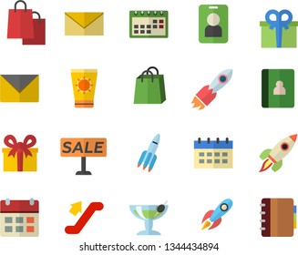 Color flat icon set rocket flat vector, bags, present, sell out, calendar, escalator fector, sun protection cream, cocktail, pass, envelope, notebook