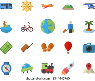 Color flat icon set rocket flat vector, earth, helicopter, ufo, aircraft fector, train, bus, bicycle, balloon, luggage, island, surfing, steering wheel, inflatable mattress, mountains, compass