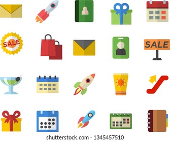 Color flat icon set rocket flat vector, bags, present, sell out, calendar, escalator  , sun protection cream, cocktail, pass, envelope, notebook