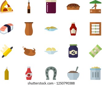 Color flat icon set rolling pin flat vector, jugful, spaghetti, ketchup, sauce, pizza, porridge, pie, chicken, sashimi, jam, mustard, well, horseshoe, abacus, trash can