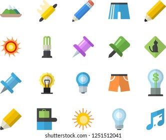 Color flat icon set rolling pin flat vector, lamp, energy saving, idea, drawing, pencil, bulb, athletic shorts, baggage claim fector, sun, pets allowed, mountains, note