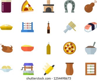 Color flat icon set rolling pin flat vector, jugful, sauce, spaghetti on a fork, pizza, porridge, pie, chicken, sashimi, jam, mustard, well, horseshoe, fireplace, abacus