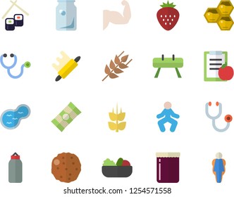 Color flat icon set rolling pin flat vector, spaghetti, ear, salad, cutlet, fish rolls, jam, Strawberry, honeycomb, pond, glass bottles, stethoscope, diet, muscles, sports equipment horse, pear