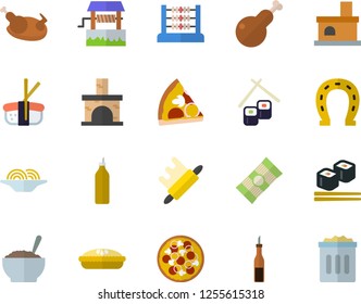 Color flat icon set rolling pin flat vector, spaghetti, sauce, pizza, porridge, pie, chicken, fish rolls, sashimi, mustard, well, horseshoe, fireplace, abacus, trash can