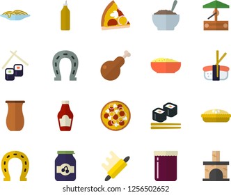 Color flat icon set rolling pin flat vector, jugful, ketchup, spaghetti, pizza, porridge, pie, chicken, fish rolls, sashimi, jam, mustard, well, horseshoe, fireplace
