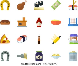 Color flat icon set rolling pin flat vector, spaghetti, ketchup, sauce, on a fork, pizza, porridge, pie, chicken, fish rolls, sashimi, jam, well, horseshoe, fireplace, abacus, trash can
