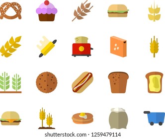 Color flat icon set rolling pin flat vector, toaster, flour, groats, ear, biscuit, pancakes, bagel, cake, bread, hamburger, hot dog, sandwich, grocery trolley fector