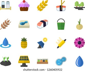 Color flat icon set rolling pin flat vector, spice, ear, cake, onion, sashimi, pineapple, flower, bucketful, planting plants, pond, pool, solar battery, forest, drop