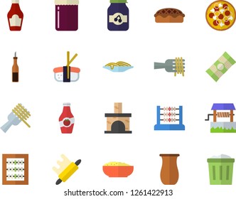 Color flat icon set rolling pin flat vector, jugful, spaghetti, ketchup, sauce, on a fork, pizza, porridge, pie, sashimi, jam, well, fireplace, abacus, trash can