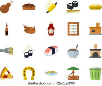 Color flat icon set rolling pin flat vector, ketchup, sauce, spaghetti on a fork, pizza, porridge, pie, chicken, fish rolls, sashimi, well, horseshoe, fireplace, abacus, trash can