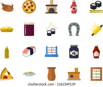 Color flat icon set rolling pin flat vector, jugful, ketchup, spaghetti, pizza, pie, chicken, fish rolls, sashimi, jam, mustard, horseshoe, fireplace, abacus