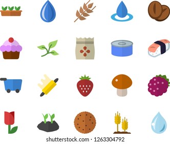 Color flat icon set rolling pin flat vector, ear, biscuit, cake, canned food, mushroom, coffee beans, sashimi, Strawberry, blackberry, seeds, planting plants, tulip, seedlings, tree leaf, drop