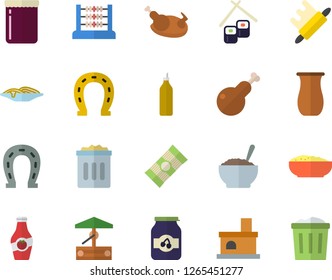 Color flat icon set rolling pin flat vector, jugful, spaghetti, porridge, chicken, fish rolls, jam, mustard, ketchup, well, horseshoe, fireplace, abacus, trash can