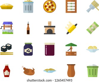 Color flat icon set rolling pin flat vector, jugful, spaghetti, ketchup, sauce, on a fork, pizza, pie, chicken, fish rolls, jam, well, fireplace, abacus, trash can