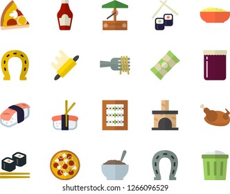 Color flat icon set rolling pin flat vector, spaghetti, ketchup, on a fork, pizza, porridge, chicken, fish rolls, sashimi, jam, well, horseshoe, fireplace, abacus, trash can