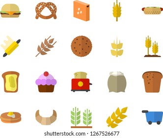 Color flat icon set rolling pin flat vector, toaster, flour, groats, ear, biscuit, pancakes, bagel, croissant, cake, bread, hamburger, hot dog, sandwich, grocery trolley fector