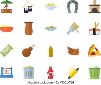 Color flat icon set rolling pin flat vector, jugful, spaghetti, on a fork, pizza, porridge, chicken, fish rolls, sashimi, mustard, ketchup, well, horseshoe, fireplace, abacus, trash can