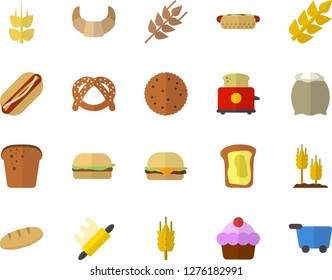 Color flat icon set rolling pin flat vector, toaster, flour, ear, biscuit, bagel, croissant, cake, bread, hamburger, hot dog, sandwich, grocery trolley fector