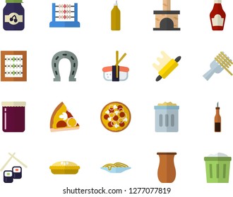 Color flat icon set rolling pin flat vector, jugful, ketchup, sauce, spaghetti on a fork, pizza, pie, fish rolls, sashimi, jam, mustard, horseshoe, fireplace, abacus, trash can