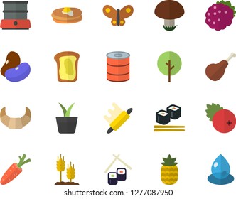 Color flat icon set rolling pin flat vector, double boiler, ham, legumes, pancakes, croissant, canned food, fish rolls, cranberry, blackberry, pineapple, sandwich, mushroom, ear, home plant, carrot