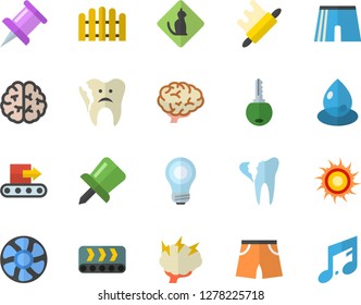 Color flat icon set rolling pin flat vector, fence, ventilation, conveyor, drop, broken tooth, drawing, bulb, brainstorm, brain, athletic shorts, sun fector, pets allowed, key, note
